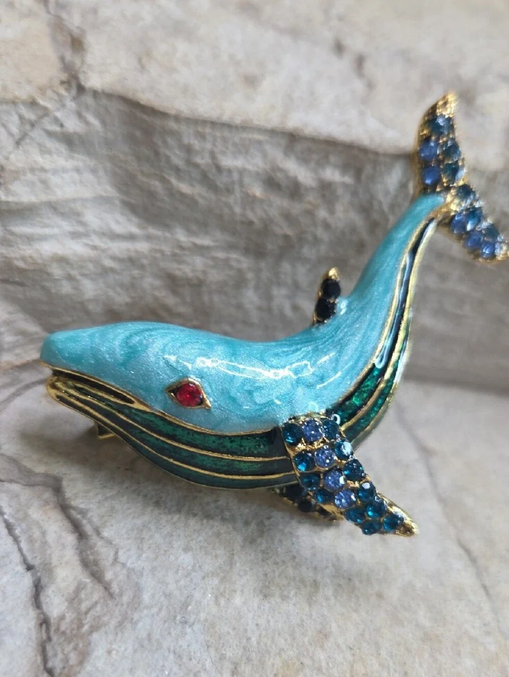 Blue And Green Enamel Whale Brooch Pendant with Blue Crystal Accents